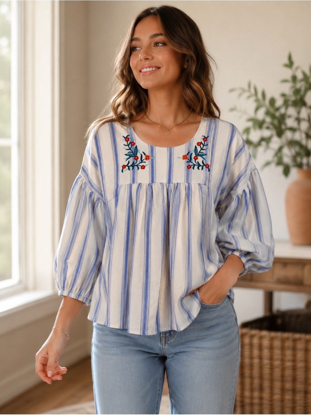 Paper Crane Womens Small Striped Embroidered Peasant Blouse Puff Sleeve Boho